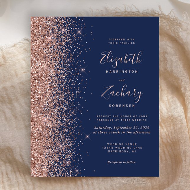 Budget Navy Rose Gold Glitter Wedding Invitation (Creator Uploaded)