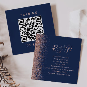 Budget Navy Rose Gold Glitter Wedding QR Code RSVP Enclosure Card