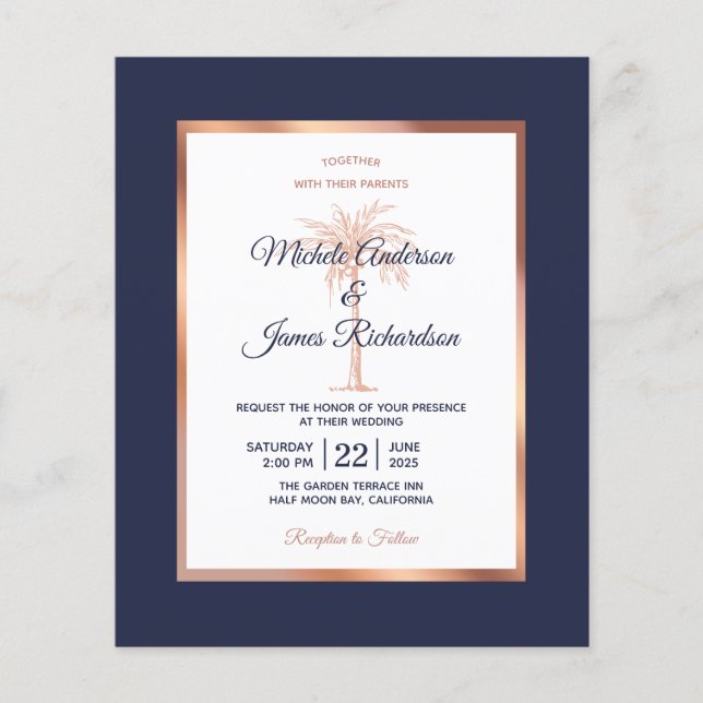 Budget Navy Rose Gold Palm Wedding Invitation (Front)
