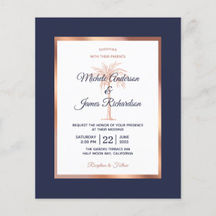 Budget Navy Rose Gold Palm Wedding Invitation