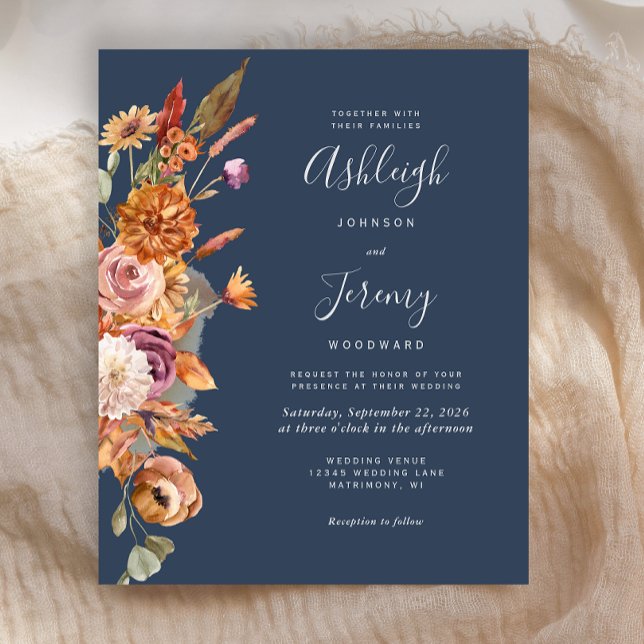 Budget Navy Rust Floral Watercolor Wedding Invite (Creator Uploaded)
