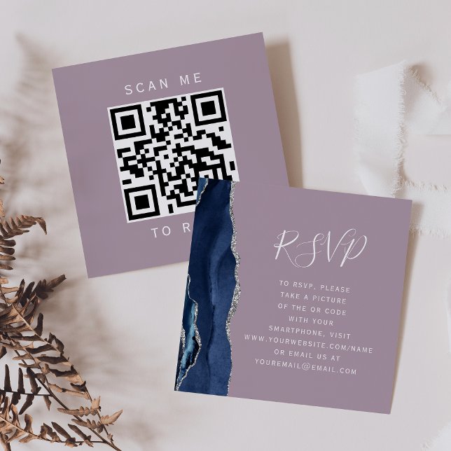 Budget Navy Silver Agate Mauve QR Code RSVP Enclosure Card (Creator Uploaded)