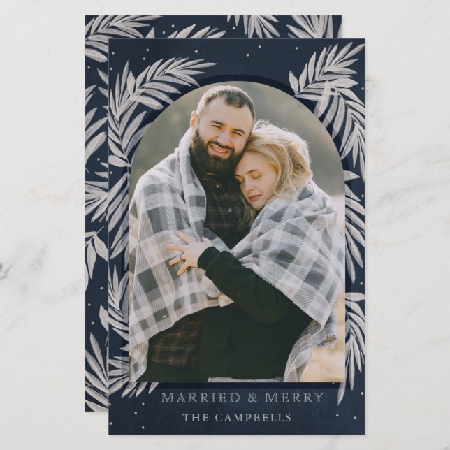 Budget Navy Silver Arch Botanical Holiday Card (Front/Back)