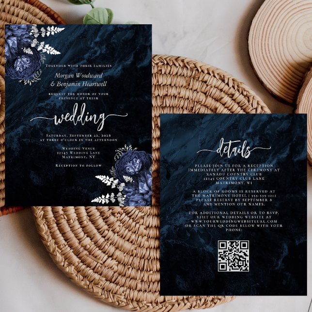 Budget Navy Silver Floral QR Code Wedding Invite (Creator Uploaded)