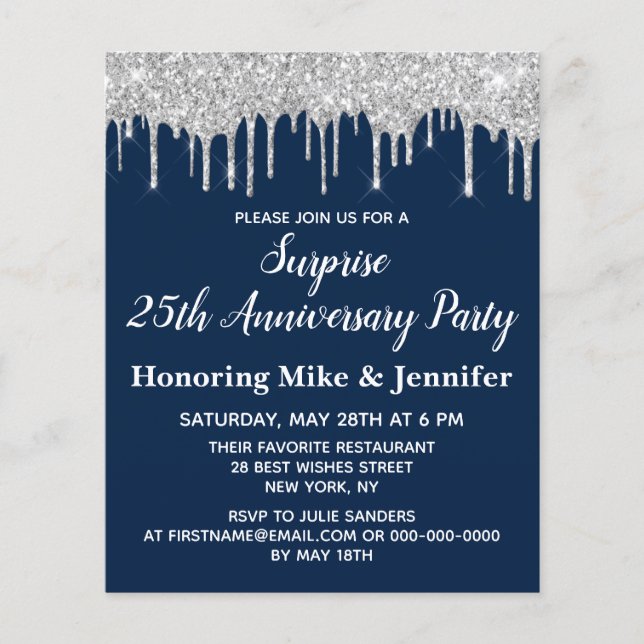 Budget Navy Silver Surprise Anniversary Invitation (Front)