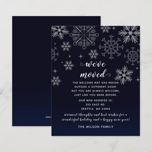 Budget Navy Snowflakes We've Moved Holiday Cards (Front/Back)
