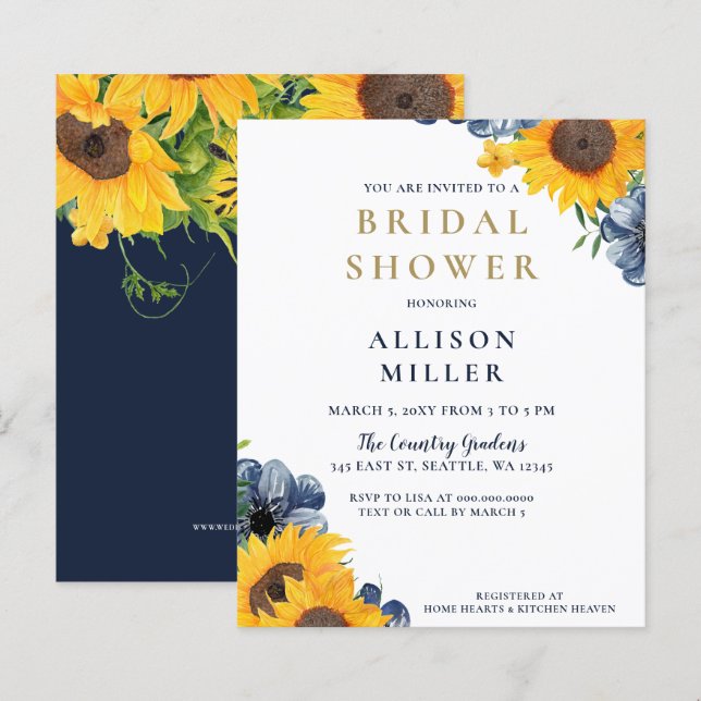 Budget Navy Sunflower Bridal Shower Invitation (Front/Back)