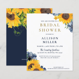Budget Navy Sunflower Bridal Shower Invitation