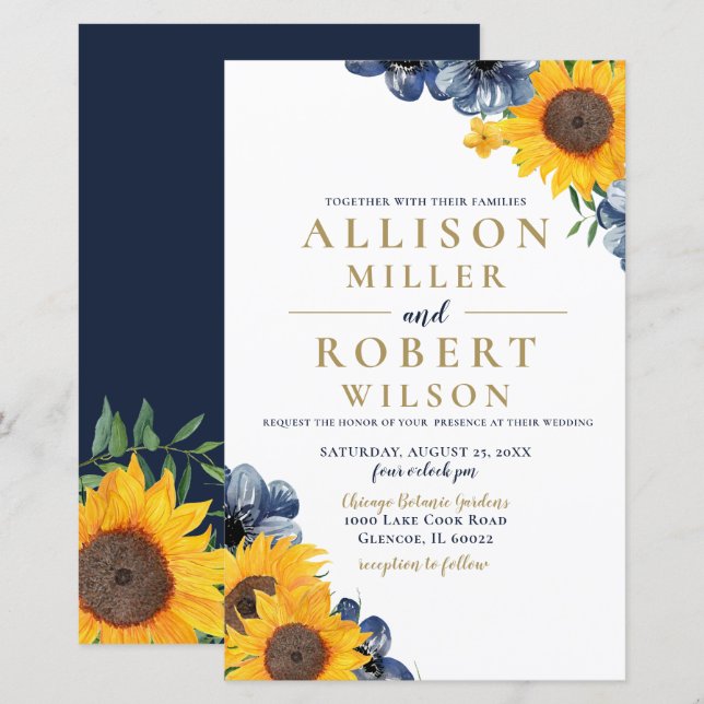 Budget Navy Sunflower Wedding Invitation (Front/Back)
