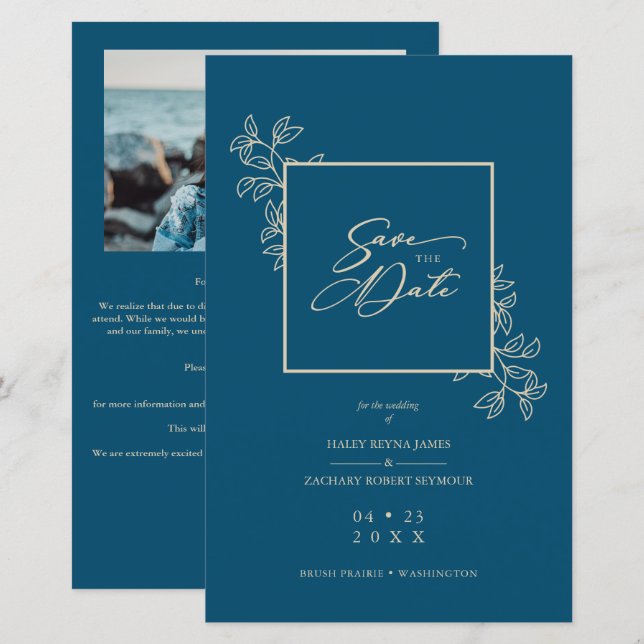 Budget Navy Trendy Branches Gold Effect Photo (Front/Back)