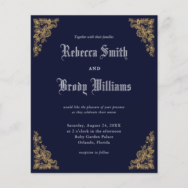 Budget Navy Vintage Lace Wedding Invitation (Front)