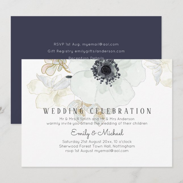 BUDGET Navy White Gold Floral Wedding Invite (Front/Back)