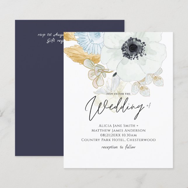 BUDGET Navy White Gold Floral Wedding Invite (Front/Back)