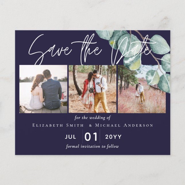 Budget NAVY White Sage Eucalyptus Save Dates PHOTO Flyer (Front)