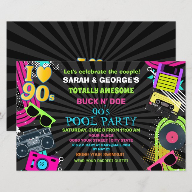 Budget Neon Couples 90s Pool Party Invitation (Front/Back)