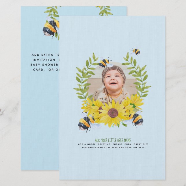 BUDGET New Baby PHOTO Gifts Sunflowers Bees Stationery (Front/Back)
