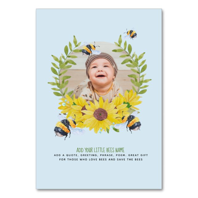 BUDGET New Baby PHOTO Gifts Sunflowers Bees Table Number (Front)