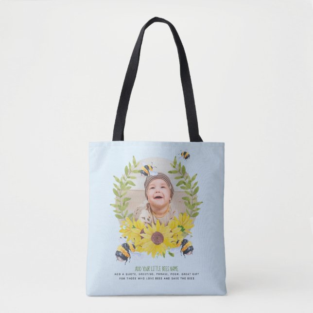 BUDGET New Baby PHOTO Gifts Sunflowers Bees Tote Bag (Front)