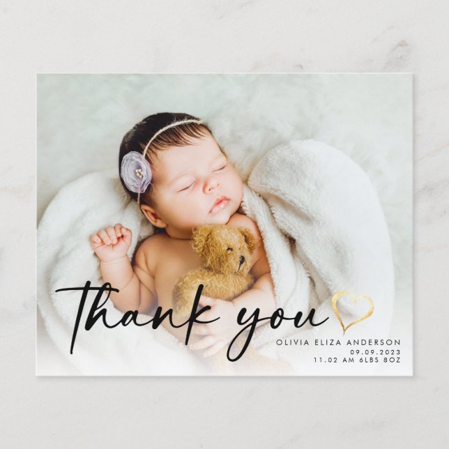 BUDGET New Baby Photo Gold Heart Thank You Card (Front)