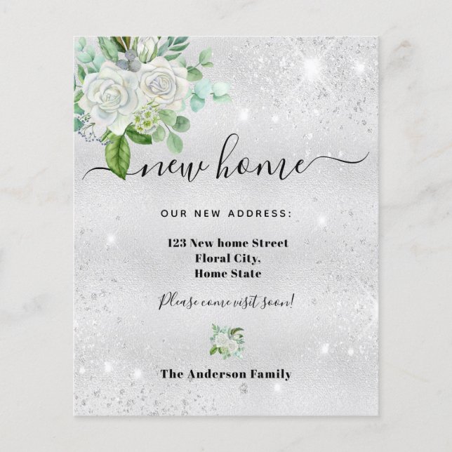 Budget new home address silver floral annoucement (Front)