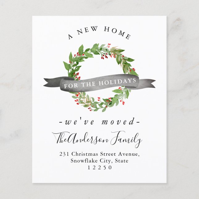 Budget New Home Address Wreath Holiday Moving Card (Front)