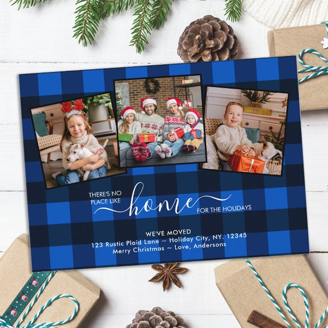 Budget New Home Holidays Blue Plaid 3 Photo Moving Card (Creator Uploaded)
