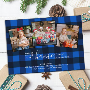 Budget New Home Holidays Blue Plaid 3 Photo Moving Card