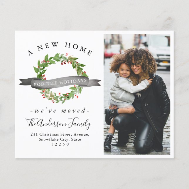Budget New Home Wreath Photo Holiday Moving Card (Front)