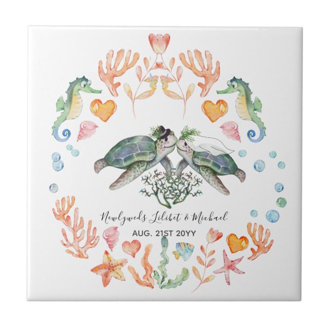 BUDGET Newlyweds Wedding Gifts Custom SEA TURTLES Tile (Front)