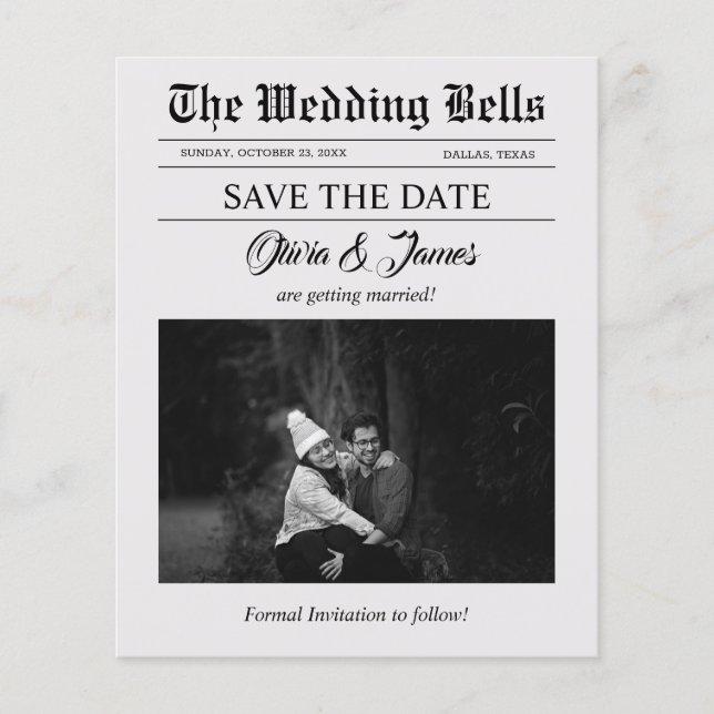 Budget Newspaper Wedding Photo Save the Date (Front)