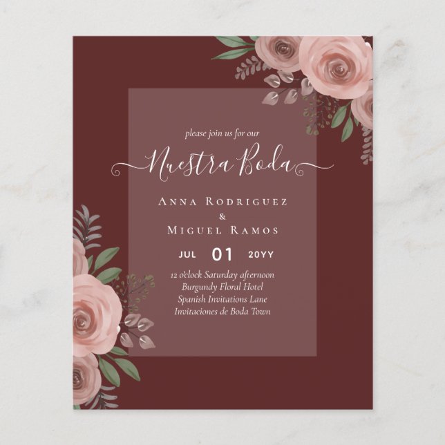 Budget Nuestra BODA Invitations Burgundy Floral Flyer (Front)