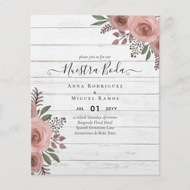 Budget Nuestra BODA Invitations Burgundy Floral Flyer (Front)