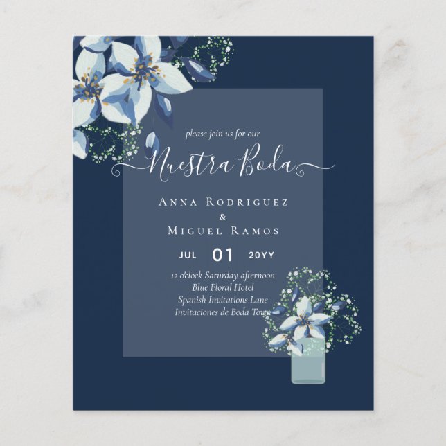 Budget Nuestra Boda Navy Blue Flowers Invitations Flyer (Front)