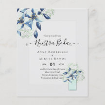 Budget Nuestra Boda Navy Blue Flowers Invitations