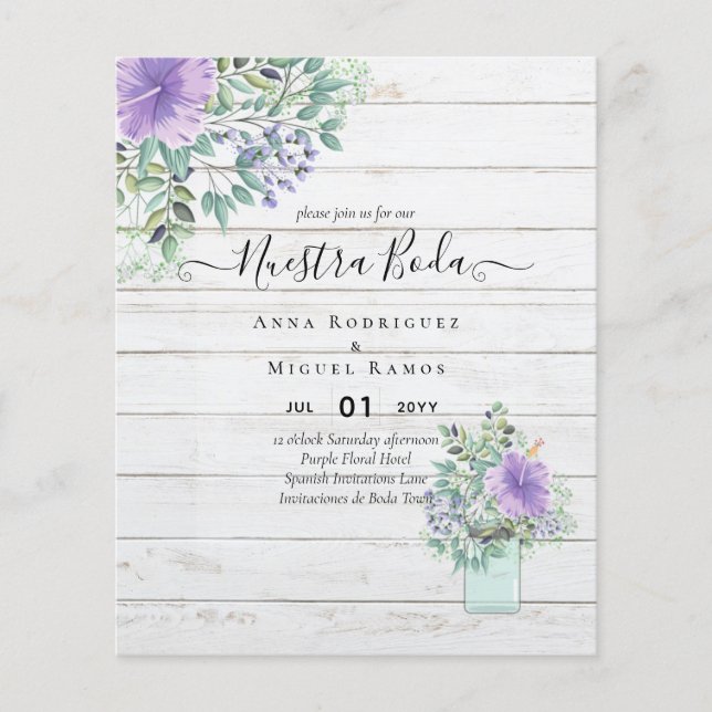 Budget Nuestra Boda Purple Floral Invitations Flyer (Front)