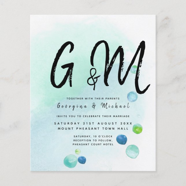 BUDGET Ocean Sea Glass Ombre Teal Blue Wedding INV Flyer (Front)
