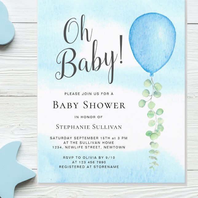 Budget Oh Baby Blue Balloon Baby Shower Invitation (Creator Uploaded)