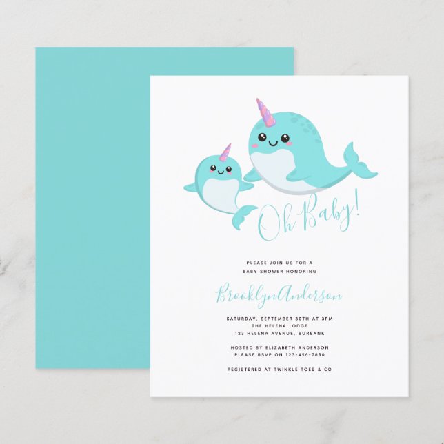 Budget Oh Baby Narwhal Baby Shower Invitation (Front/Back)