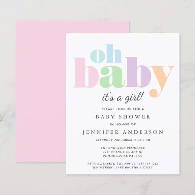 Budget Oh Baby Pastel Baby Girl Shower Invitation (Front/Back)