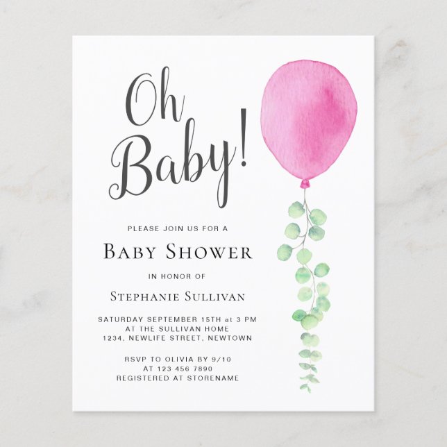 Budget Oh Baby Pink Balloon Baby Shower Invitation (Front)