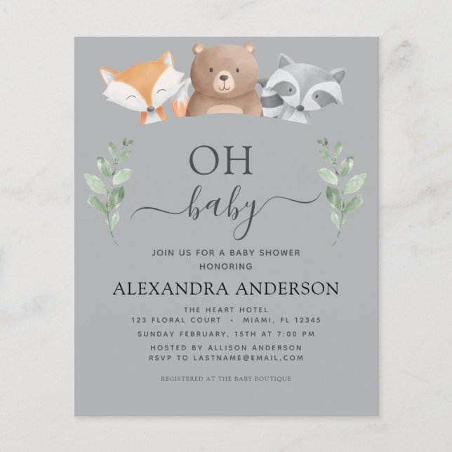 Budget Oh Baby Shower Woodland Invitations (Front)
