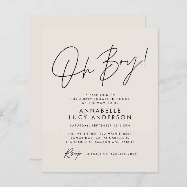 budget oh Boy baby shower script cream neutral (Front/Back)