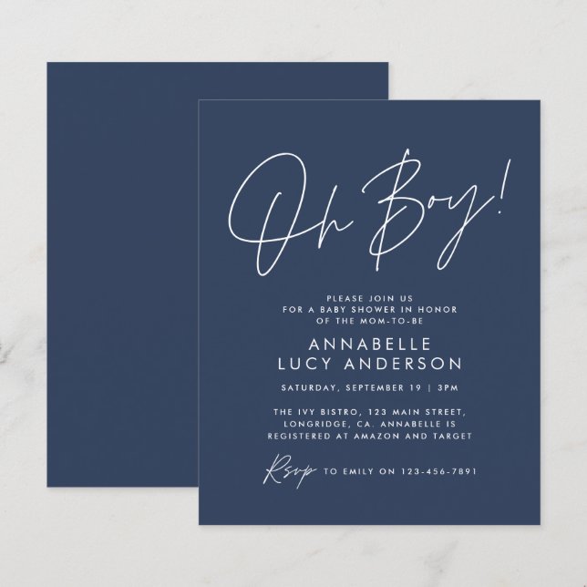 budget oh Boy baby shower script navy blue  (Front/Back)