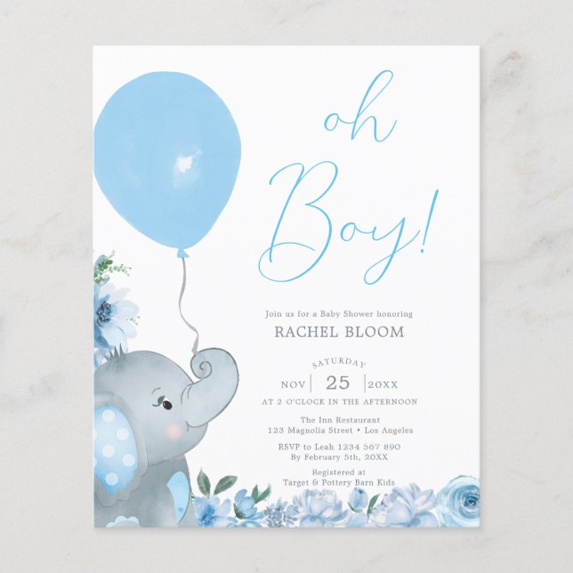 Budget Oh Boy Blue Elephant Baby Shower  Flyer (Front)