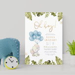Budget Oh Boy Watercolor Elephant Baby Shower<br><div class="desc">A budget baby boy shower theme featuring a hand-painted baby elephant holding a bunch of blue balloons. At the top and bottom of this invite, there are tropical leaves and gold glitter. "Oh boy!" appears in faux gold lettering with your event details below. Cards reverse to white stripes against a...</div>