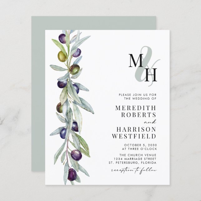 Budget Olive Branch Monogram Wedding Invitation (Front/Back)