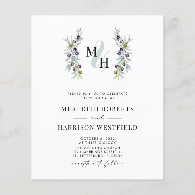 Budget Olive Branch Monogram Wedding Invite (Front)