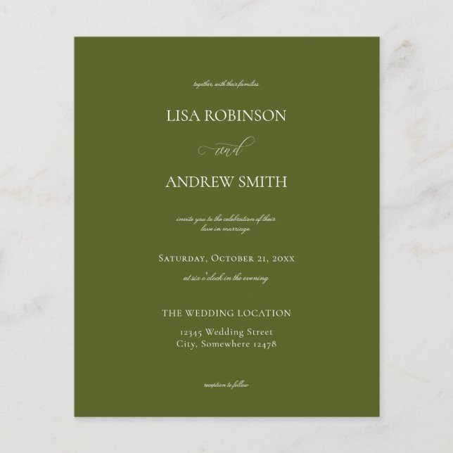 Budget Olive Green Calligraphy Wedding Flyer (Front)