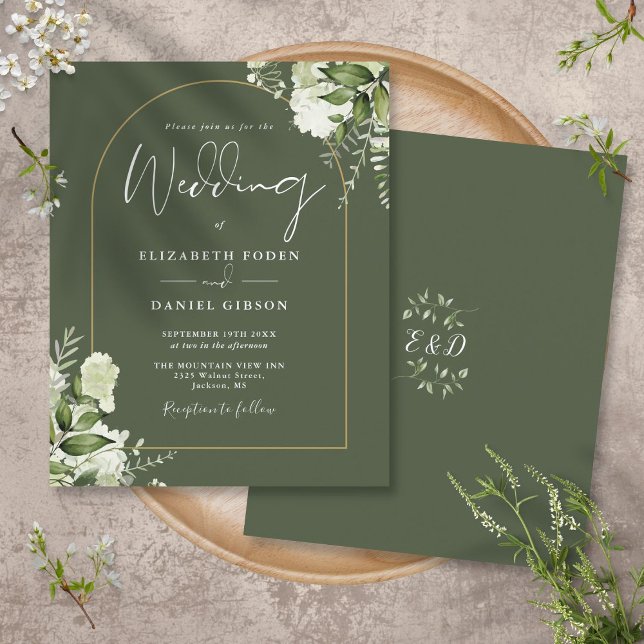 Budget Olive Green Floral Gold Arch Wedding Invite (Budget Olive Green Floral Gold Arch Wedding Invite)