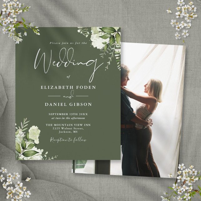 Budget Olive Green Floral Photo Wedding Invitation (Budget Olive Green Floral Photo Wedding Invitation)